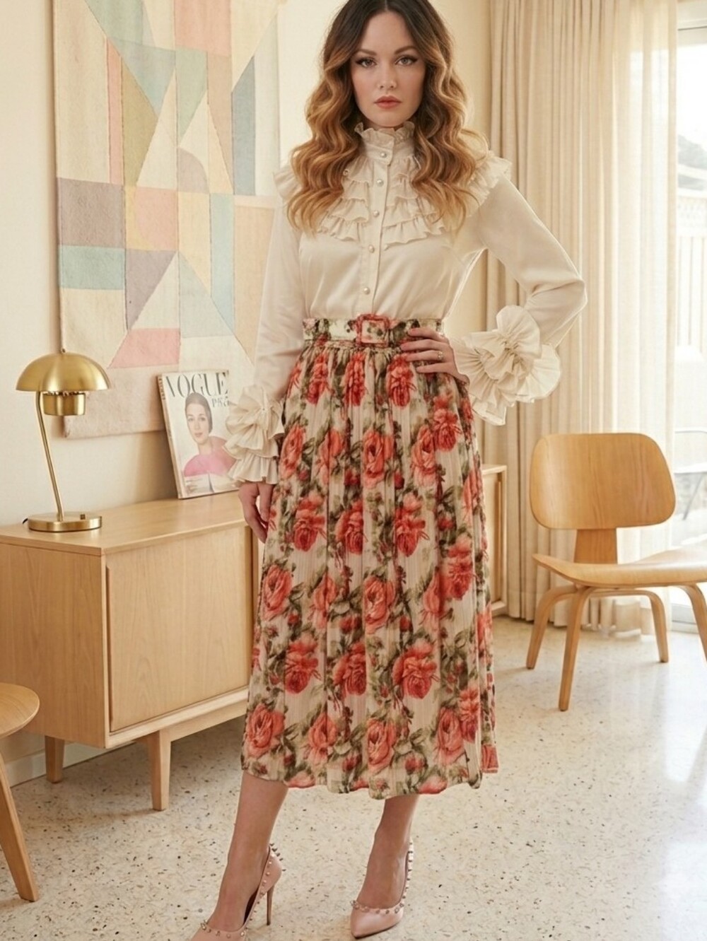 Susan Bristol🌹VINTAGE Slightly Sheer Cream Midi Skirt with Pink Rose Print Sz S